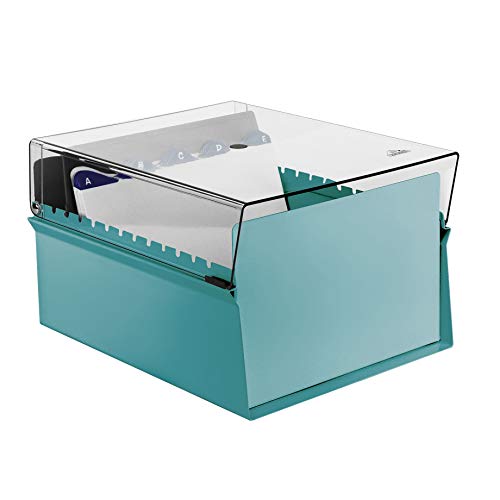 Acrimet 6 x 9 Card File Holder Organizer Box Metal Base Heavy Duty (AZ Index Cards and Divider Included) (Green Color with Crystal Plastic Lid Cover)