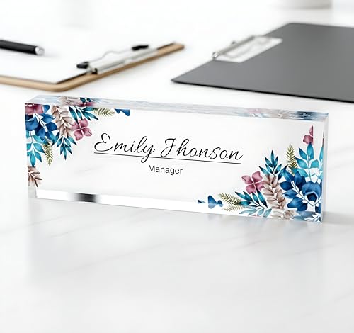 Personalized Floral Acrylic Desk Name Plate – Custom Name Sign for Women, Elegant Office Decor, Printed Clear Acrylic Glass Block, Unique Professional Gift, Stylish Desk Accessories for Her, 8"x2.5"