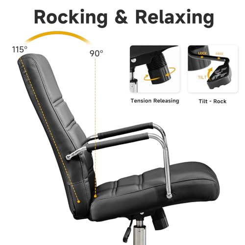 Office Desk Chair Leather, Conference Room Chairs with Wheels, Modern Executive Office Chairs Adjustable Height, Ergonomic Swivel Rolling Ribbed Computer Chair(Black)