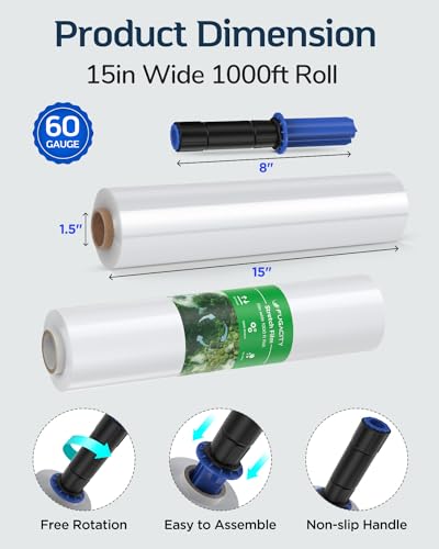 Stretch Warp Film- FugaCity 3 Pack Heavy Duty Shrink Wrap Roll with Handles 15" x 1000 Feet, 60 Gauge Industrial Strength for Pallet Wrap, Furniture Wrapping Moving & Protection