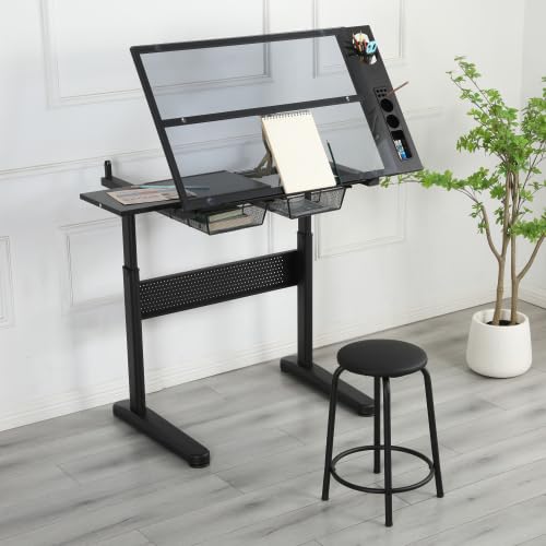 Donext Height Adjustable Drafting Table with 2 Drawers and Stool,Black