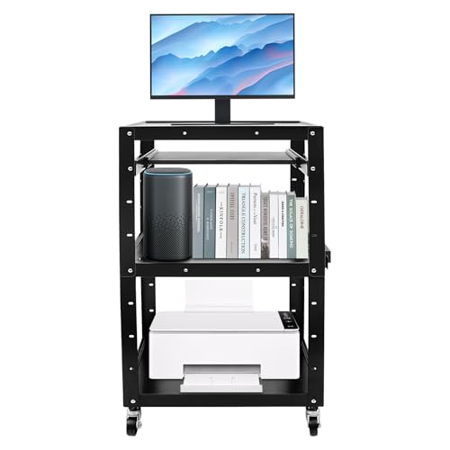 Heavy Duty AV Cart on Wheels, Cold-Rolled Steel Media Cart with 66 lbs Load Capacity per Shelf, 4-Tier Mobile Printer Stand with Non-Slip Mat & Cable Holes, Rolling Workstation for Home Office Library