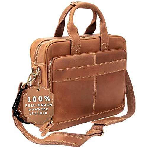 Luxorro Full-Grain Leather Briefcases for Men, Fits 15.6" Laptops, Brown Leather Laptop Briefcase For Men, Leather Computer Bag