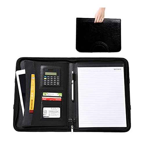BLUNOA Padfolio A4 Business Portfolio Zipped Conference Folder Personal Work Organiser Travel Ring Binder with Calculator Refillable Notepad and Pen Holder for Men Women (Color : Black)