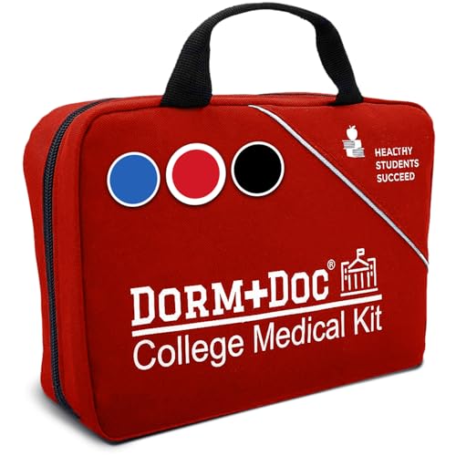 DormDoc College First Aid Kit – Compact Emergency Medical Kit for Dorm Rooms, School, Sports – with Bandages, OTC Medicines for Relief, Gauze, Quick Care Set – Portable Health Kit - 175 PCS, Red