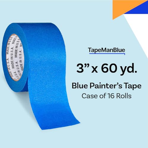 Blue Painters Tape 3 inch x 60 Yards - Case of 16 Rolls, Made in America, Clean Removal, UV-Resistant Blue Painters Masking Tape in Bulk (3" x 180')