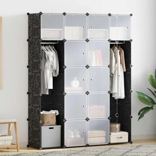 Coespram Modular Cabinet 14 Compartments, 14.6" x 57.5" x 71.1" Plastic Cube Storage Organizer, Flexible Shelving Unit for Living Room, Hallway and Office, Black and White