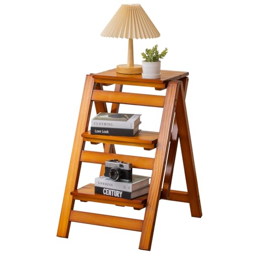 Latifolia Foldable 3 Step Ladder, Wooden Step Stool with Floor Saver, Decorative Ladder Shelf for Living Room, Kitchen, Garden(Walnut)