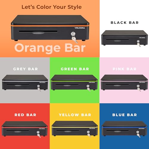 Volcora Cash Register Drawer for Point of Sale POS System with Round Corners 16", Removable Coin Tray, 5 Bill 8 Coin, 12-24V RJ11/12 Key-Lock Media Slot, Money Drawer for Business, Orange Bar/Black