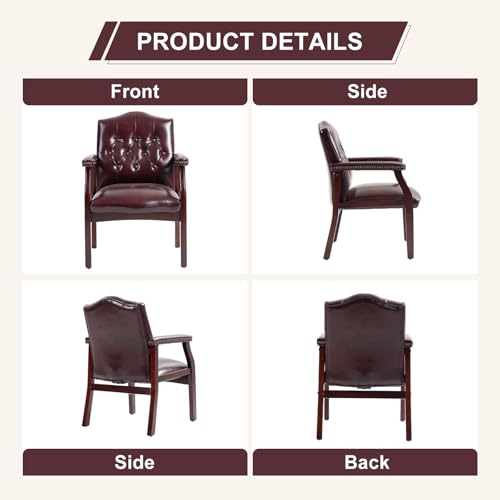 Elyveont Burgundy Leather Office Reception Chair No Wheels with Arms, Guest Waiting Room Chairs with Padded Seat, Executive Side Lobby Chair for Conference, Church, Pastors