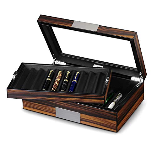 Lifomenz Co Pen Display Case - Ebony Wood Storage Box with Glass Window, Holds 20 Fountain Pens, Luxury Pen Organizer for Collectors