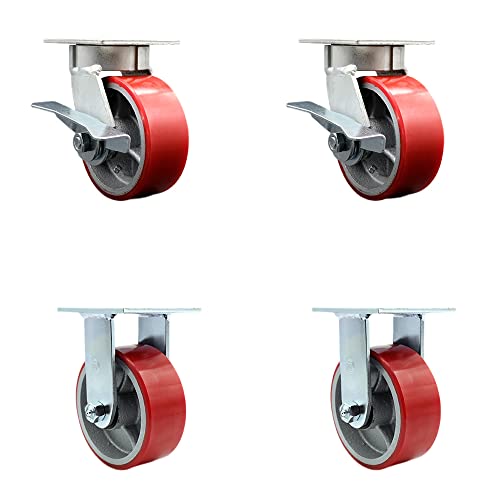 Heavy Duty Kingpinless Swivel Caster Set of 4 with 5 Inch Red Poly on Cast Iron Wheels and Ball Bearings - Includes 2 Swivel with Brakes and 2 Rigid - 4,000 lbs. Total Capacity - Service Caster Brand