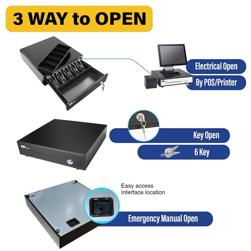 HK SYSTEMS 16inch Heavy Duty POS Cash Drawer with 5Bill/5Coin, Removable Coin Compartment, 24V, RJ11, Single Large Media Slot, Black