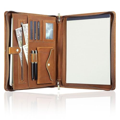 Calfinder Genuine Leather Padfolio, Business Portfolio Binder, Leather Portfolio for Women and Men,Padfolio with Zipper,Gift for Gratuates, Padfolio for 13.3" iPad/Resume