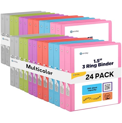 Enday 1.5 Inch Binder (24 Pack - Assorted Colors) 3 Ring Binder 1.5 inch with Clear View Cover and 2 Inside Pocket - for Letter Size 8.5 x 11'' Paper, Ideal for School Supplies, Office, and Home