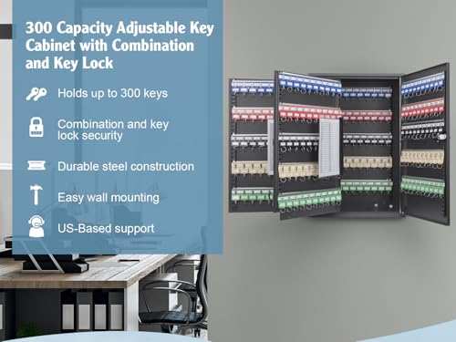 Barska 300 Position Key Lock Box – Wall Mount Key Cabinet with Numbered Hooks, Key Log Sheet, Colored Key Tags, Labeled Shelves, Solid Steel Construction – Secure Key Organizer Cabinet Key Box