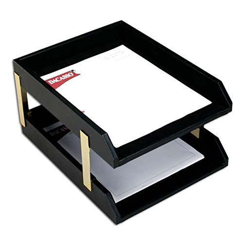 Dacasso Classic Black Leather Front Load Letter Trays with Gold Stacking Posts
