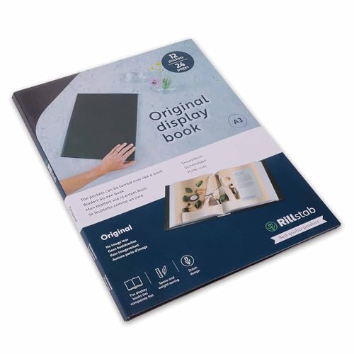 Rillstab Original Display Book (12 Transparent/Clear Pockets) | A3 Front Page Ring Binder Portfolio & Project Presentation Folder for Meetings & Conferences| Poly Clear Pocket Folder | Black | 99314