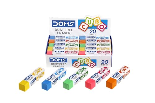 Doms Dust Free Cubo Eraser Box Pack | Comfortable Edge for Easy Handling | Non-Toxic & Safe for Kids | Attractive Body Colors | Pack of 20 Pcs