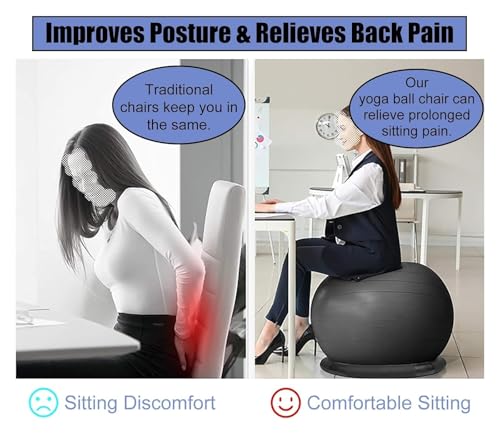 Yoga Ball Chair,Yoga Ball，Exercise Ball, Stability Ball Chair with Bands & Base Sturdy Desk Ball Chair for Spine Alignment Exercise Ball Seat for Yoga/Workout/Fitness/Pilates(Diameter 65cm ( 25 5/8" )