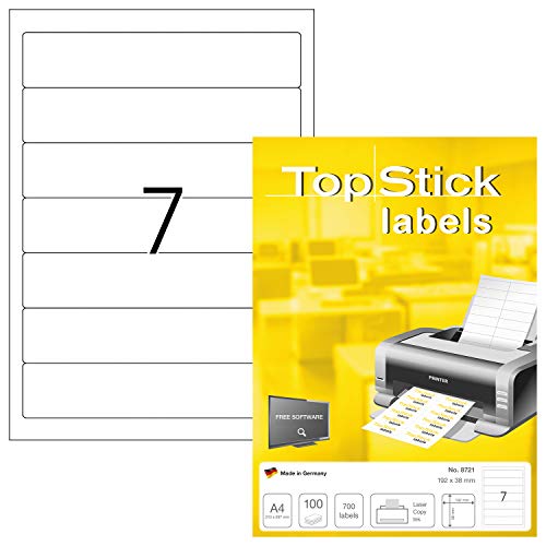 TopStick Self Adhesive Spine Labels, 7 Labels Per Sheet A4, 1000 Sheets, 192 x 38 mm, 7000 Labels, Blank Sticky Labels for Lever Arch Files, for Laser Inkjet Printers, White