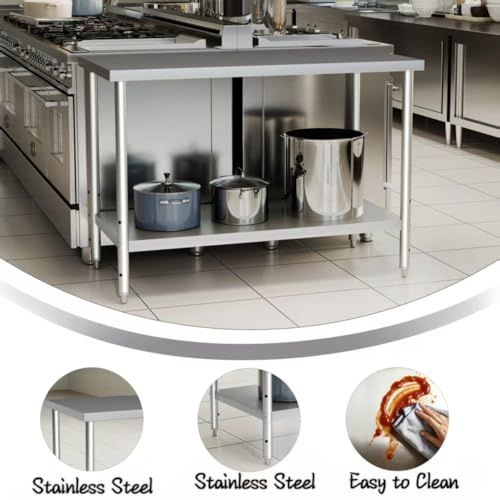 FRESHSTEEL Stainless Steel Table 24×48 Inches, Heavy Duty Commercial Prep Table with Stainless Steel Undershelf and Feet Work Table for Restaurant Kitchen, Garages and Outdoor