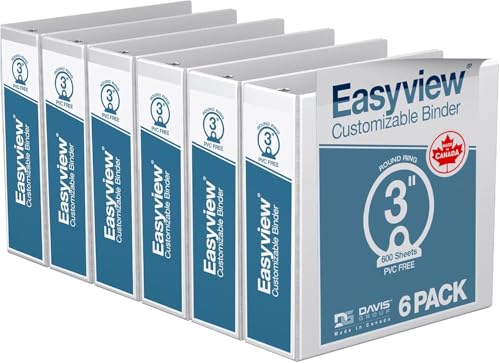 Easyview 3-Ring Binder, Clear-View Cover, 3" Round Rings, White, 6 Pack