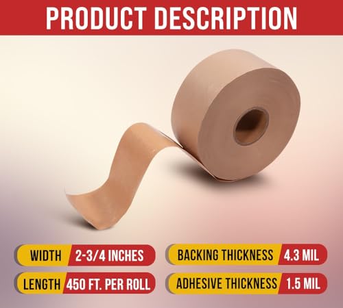 Mytee Products 16 Rolls 2.75"x450' Water Activated Tape - Reinforced Gummed Tape for Package - Strong Adhesive & Holding Power Kraft Paper Tape - Brown Packing Tape for Sealing Box (7200 feet Total)