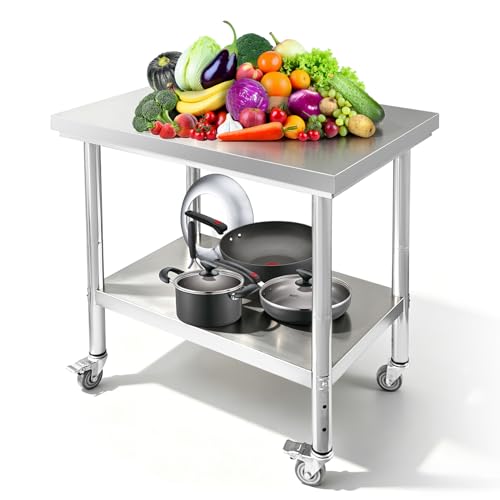 Srehloe Stainless Steel Work Table with 4 Wheels 35 x 24 x 33 Inch Adjustable Metal Commercial Prep Workstation 2-Tier Heavy Duty Mobile Work Station Suitable for Kitchen Restaurant Hotel Garage