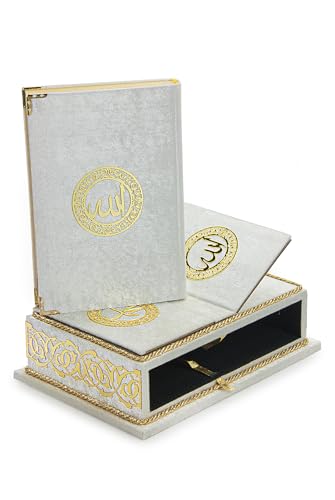 ihvan online, The Holy Arabic Quran Gift Set, Book Stand Holder, Desktop Quran Holder, Rehal, Velvet Covered Chest Rihal, Decorative Islamic Gifts for Muslims, White