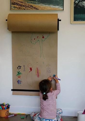 LNNW Kraft Paper Dispenser Kids Wall Mounted Kraft Paper Dispenser and Cutter - Sturdy Black Holder & 164ft Brown Paper Roll, Easy to Install Decorative Message Boards for Wall(37cm/14.6inch Wide)