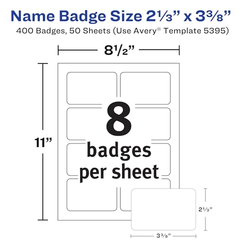 Avery® Flexible Printable Name Tags, 2-1/3" x 3-3/8", Matte White, 400 Removable Name Badges for Laser and Inkjet Printers (5395)