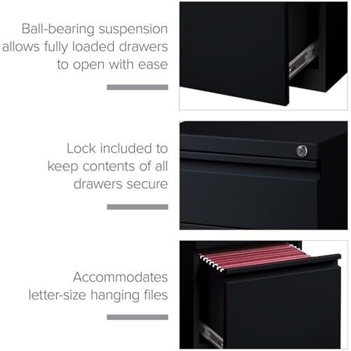 BOWERY HILL 20" 3-Drawer Modern Metal Mobile Pedestal Filing Cabinet in Black, Lockable, Sturdy Steel Construction, Mobile Office Storage, Durable Document Organization