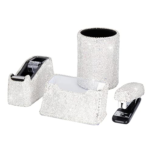 Bling Crystal Luxury Handmade Diamond Round Pencil Pen Pot Holder & Stapler & Card Holder & Desktop Tape Dispenser Office Stationery Kit for Fashion Girls Women(White)