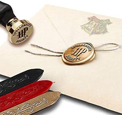 Harry Potter Spellcaster Society Wax Seal Stamp Kit with Brown Wood Handle and Red Gold and Black Sealing Wax