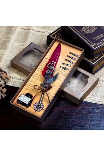SODEF Vintage Feather Quill Pen Set with Extra Fine Nib, Calligraphy Writing Pen Gift for Students, Retro Stationery Set - Red