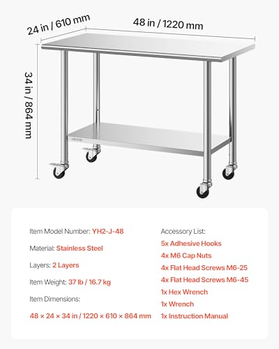 VEVOR Stainless Steel Work Table, 24x48 inch Food Prep Table with Wheels and Backsplash, Commercial Kitchen Workstation with Adjustable Undershelf, Metal Utility Worktable, for Restaurant Home Outdoor