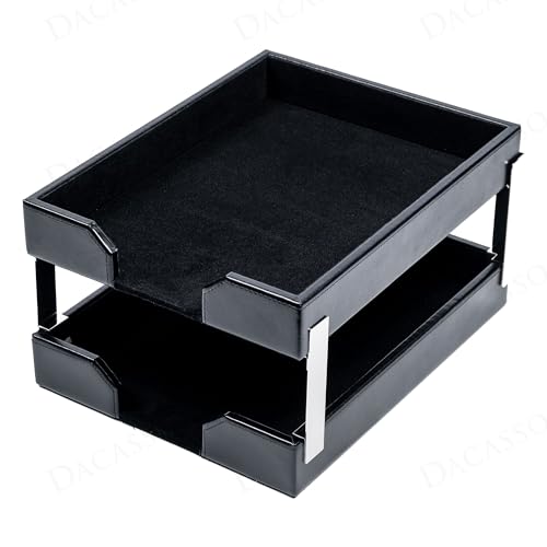 Dacasso Black Bonded Leather Front-Load Double Letter Tray Set w/Silver Stacking Posts - Luxury Executive Decor and Office Essential - Desk Surface Protector