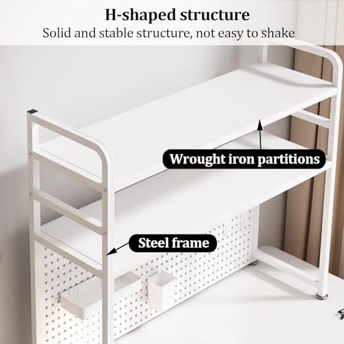Dalumian Desktop Hutch Bookshelf, Metal Desktop Organizer Hutch with Pegboard,Countertop Storage Organizer for Office Home Dormitory (White)(2-Tier,115cm)