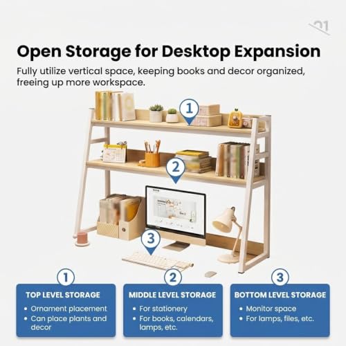 Desk Hutch Dorm, 2-Tier Desktop Bookshelf Organizer Shelf for Computer Desk