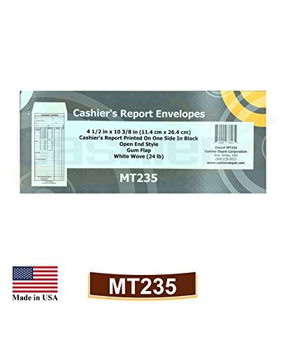 1000 Cashier Depot - Cashier’s Report Envelopes MT235 – 4 1/2" x 10 3/8", White 24lb Paper, Cash Deposit Report, Money Envelopes for Retail, Restaurants, Hotels, Small Business, Gum Flap, 1000 Count