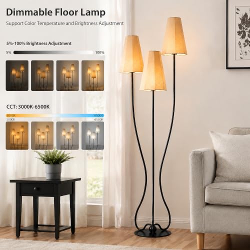Dimmable Sculptural Vintage Floor Lamp, 3-Light Standing Lamps with Curved Iron Base & Octagonal Linen Shades, Statement Lighting for Living Room, Bedroom, Studio (Remote-Natural Linen Shade)