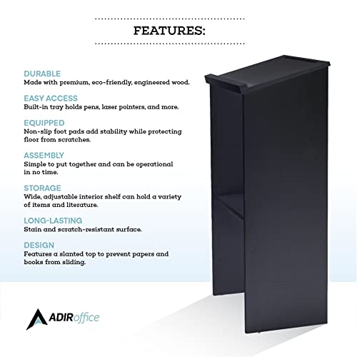 AdirOffice Wooden Podium with Storage Shelf - Speaking Lectern, Hostess Station for Restaurant, 46.25 Inches, Black