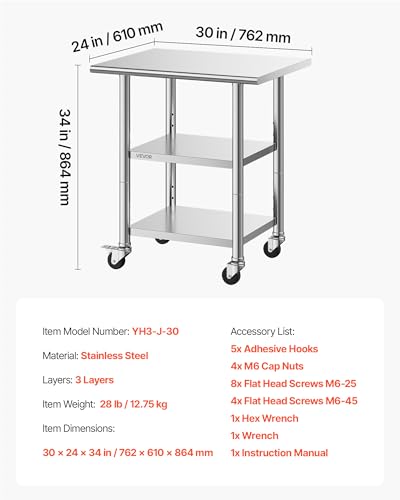 VEVOR Stainless Steel Work Table, 24x30 Inch Food Prep Table with 2 Shelves and Wheels, Commercial Kitchen Workstation, Metal Heavy Duty Utility Worktable, for Restaurant Home Hotel Garage Outdoor