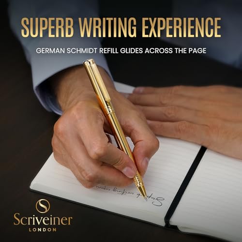 Scriveiner Personalized Gold Rollerball Pen - Stunning Luxury Pen, Real Gold Plating, Schmidt Ink Refill, Best Engraved Roller Ball Gift Set for Men & Women, Custom Name Engraving