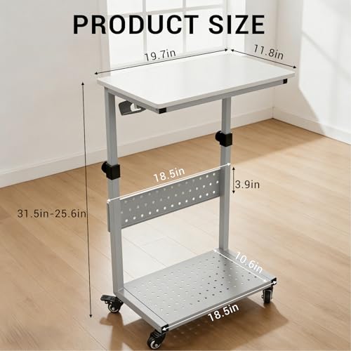 LALFPET Adjustable Height Rolling Computer Stand, 2-Tier Mobile CPU Tower & Printer Cart - Wood Top/Metal Frame - Wheels - Under Desk PC Holder, White