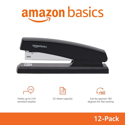Amazon Basics Office Desk Stapler, 25-Sheet Capacity, Non-Slip with 1000 Staples, Black, 12-Pack