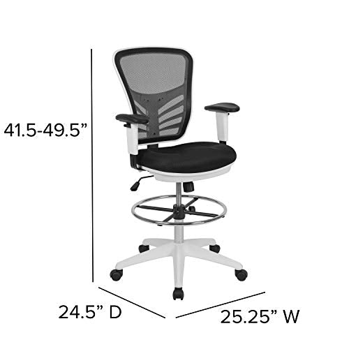 BizChair Mid-Back Black Mesh/White Frame Adjustable Ergonomic Drafting Chair, Task Chair