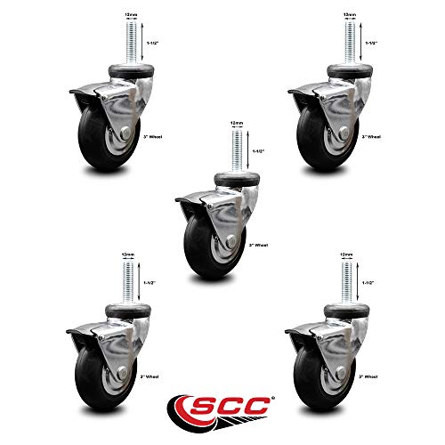 3 Inch Swivel Caster Wheels for Furniture - Bright Chrome Hooded Neoprene Rubber Wheel with 12mm - 1.75 x 1-1/2 Inch Metric Threaded Stem and Brake-550lbs. Total Capacity-Set of 5-Service Caster Brand