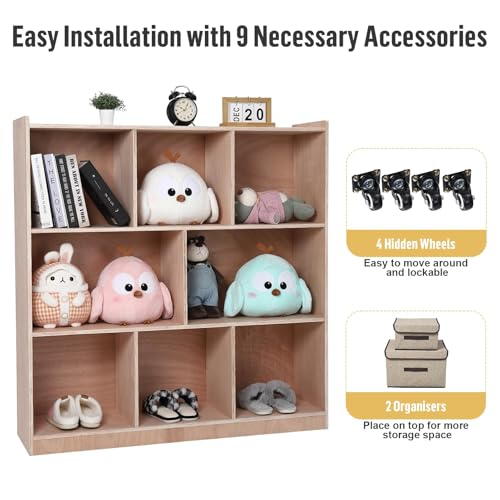 EcoSummer 8 Compartment Storage Cubby, Mobile Storage Cabinet for Classrooms, Classroom Cubbies, Daycare Toy Shelves with 4 Casters, 2 Storage Boxes for Home, School, Kindergarte